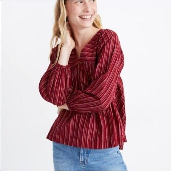 Madewell Peasant Top Small Womens Red Silver Stripes Long Sleeve V Neck Pullover - Picture 1 of 11